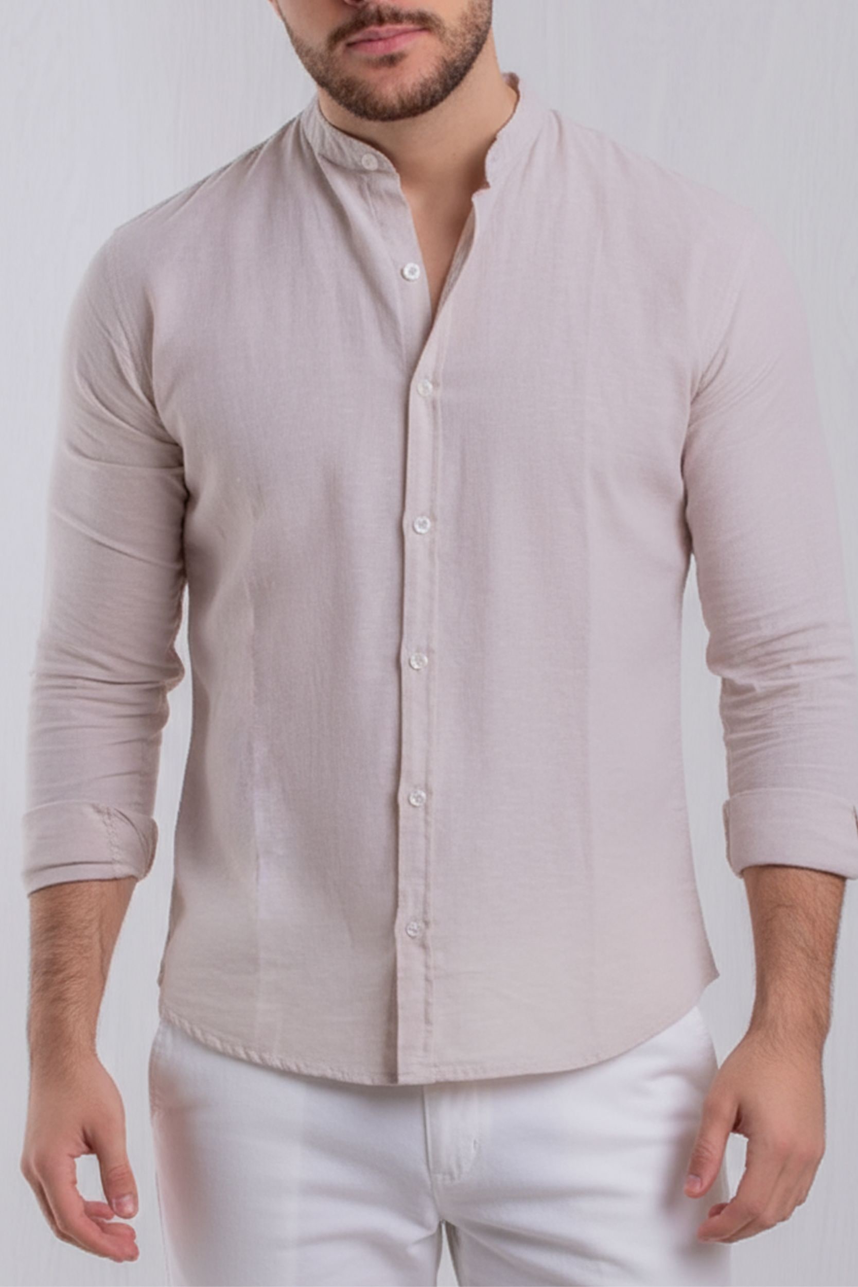 Camisa Linho Natural Gola Padre Manga Longa
