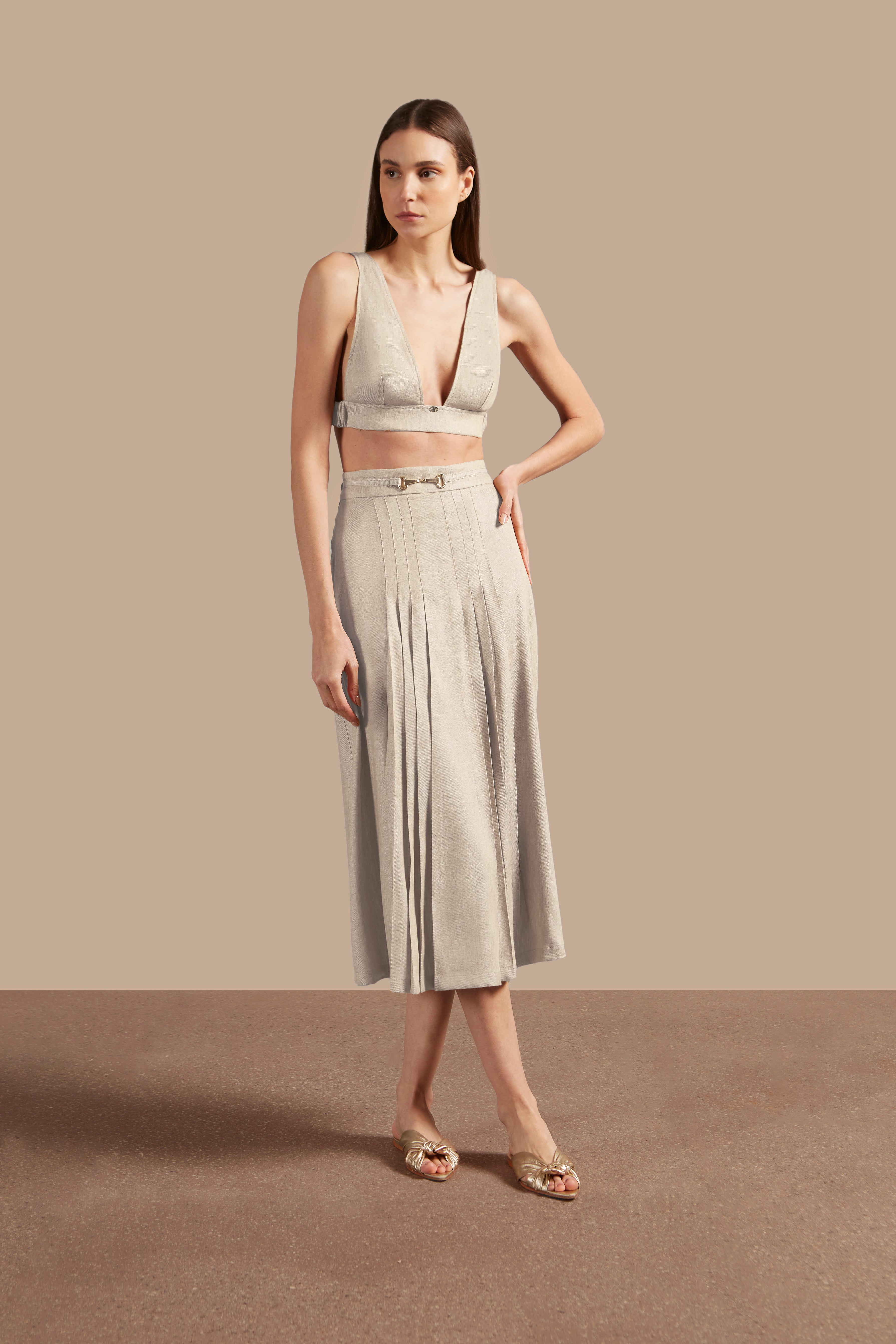 Saia Midi Pregas Jeans de Linho