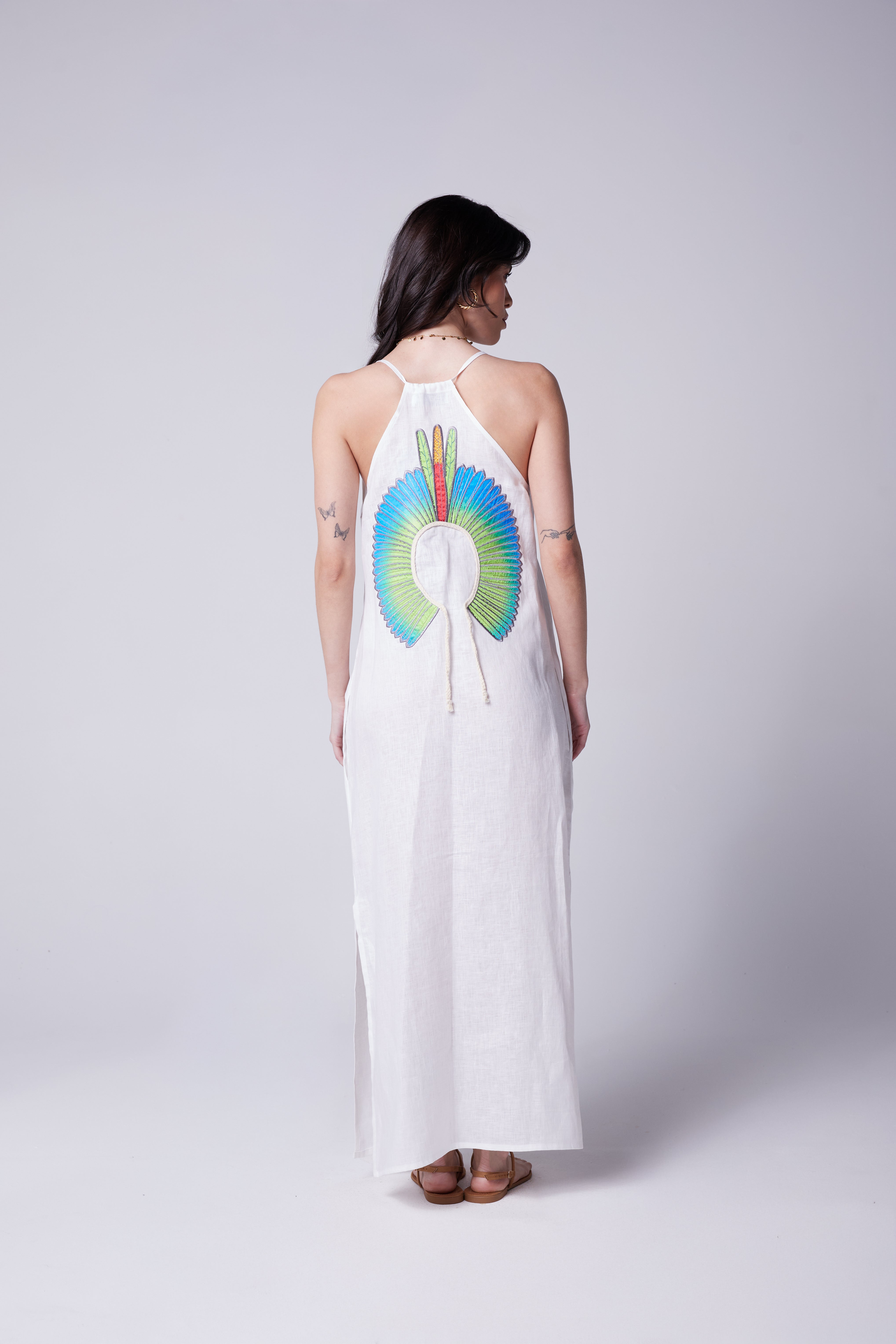 Vestido Alça Cocar Linho