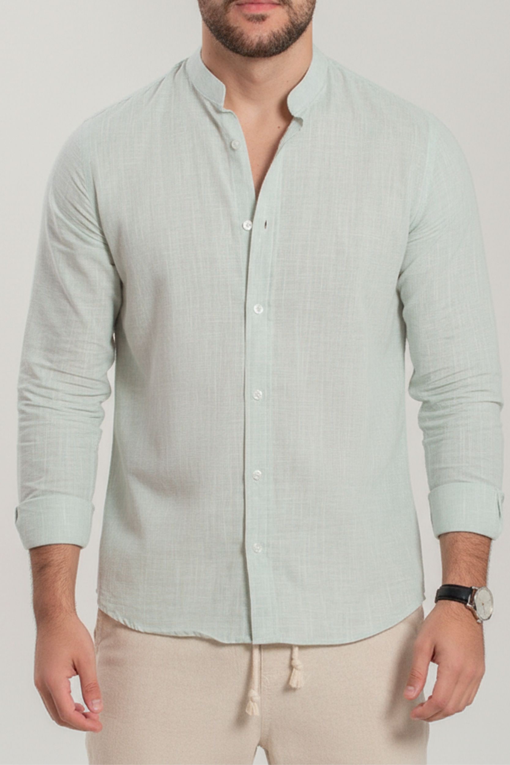 Camisa Gola Padre Linho Verde Manga Longa