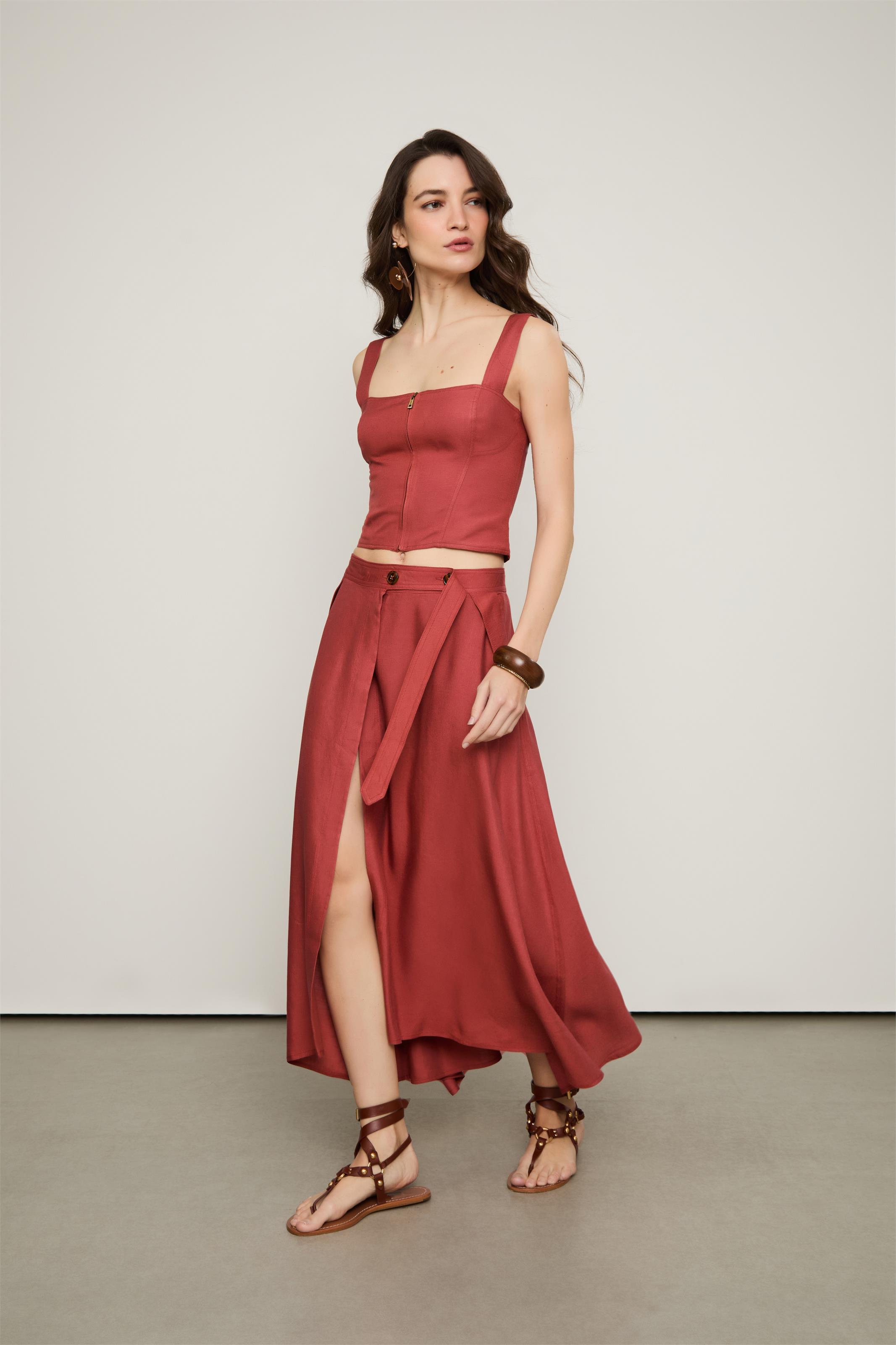 Saia com Linho Midi Transpassada Vermelho