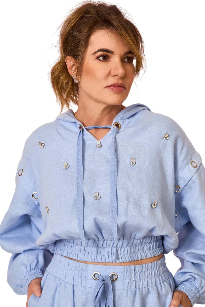 Blusa Moletom Era com Pedrarias 100% Linho Europeu