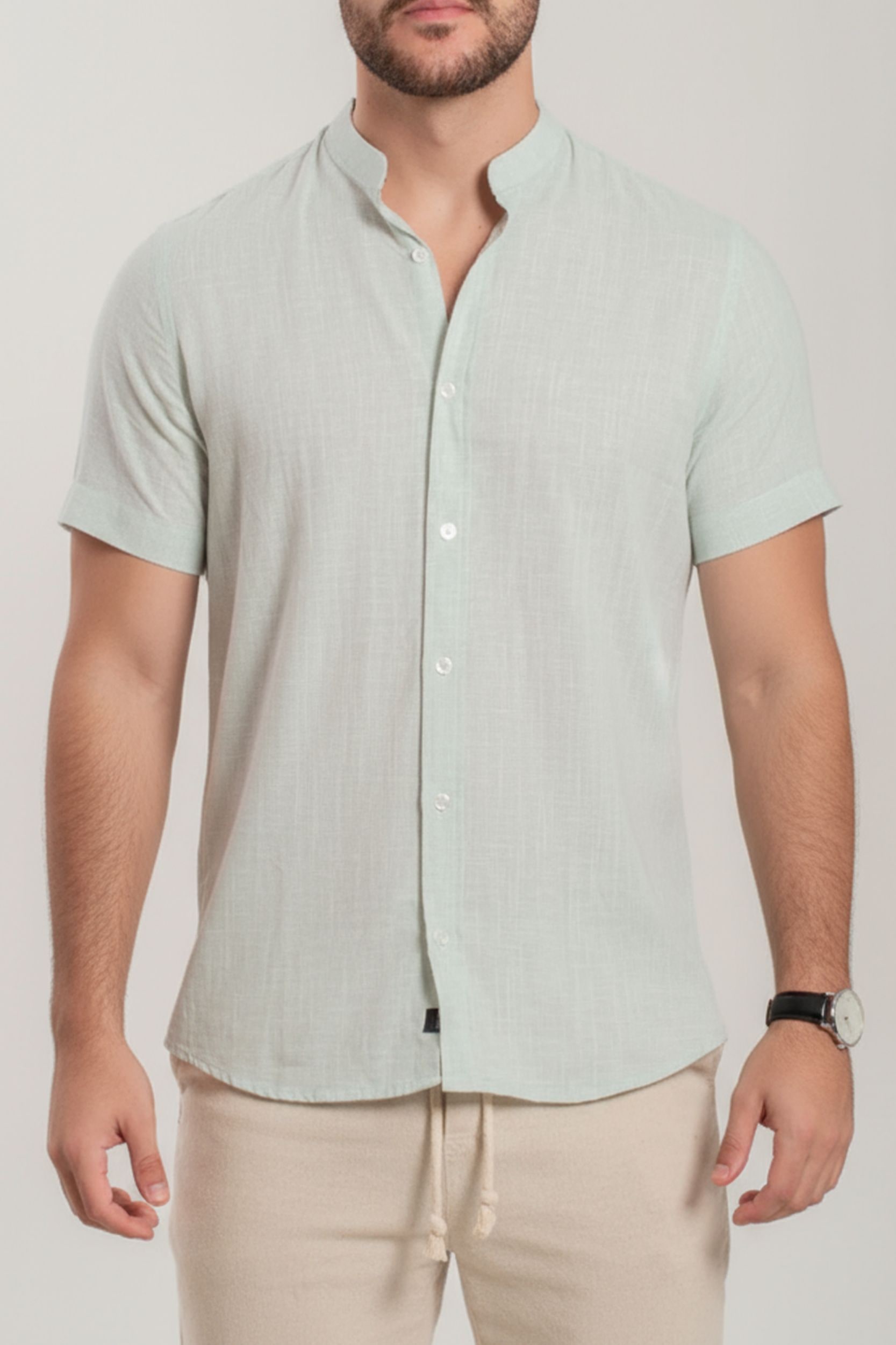 Camisa Linho Verde Gola Padre Manga Curta