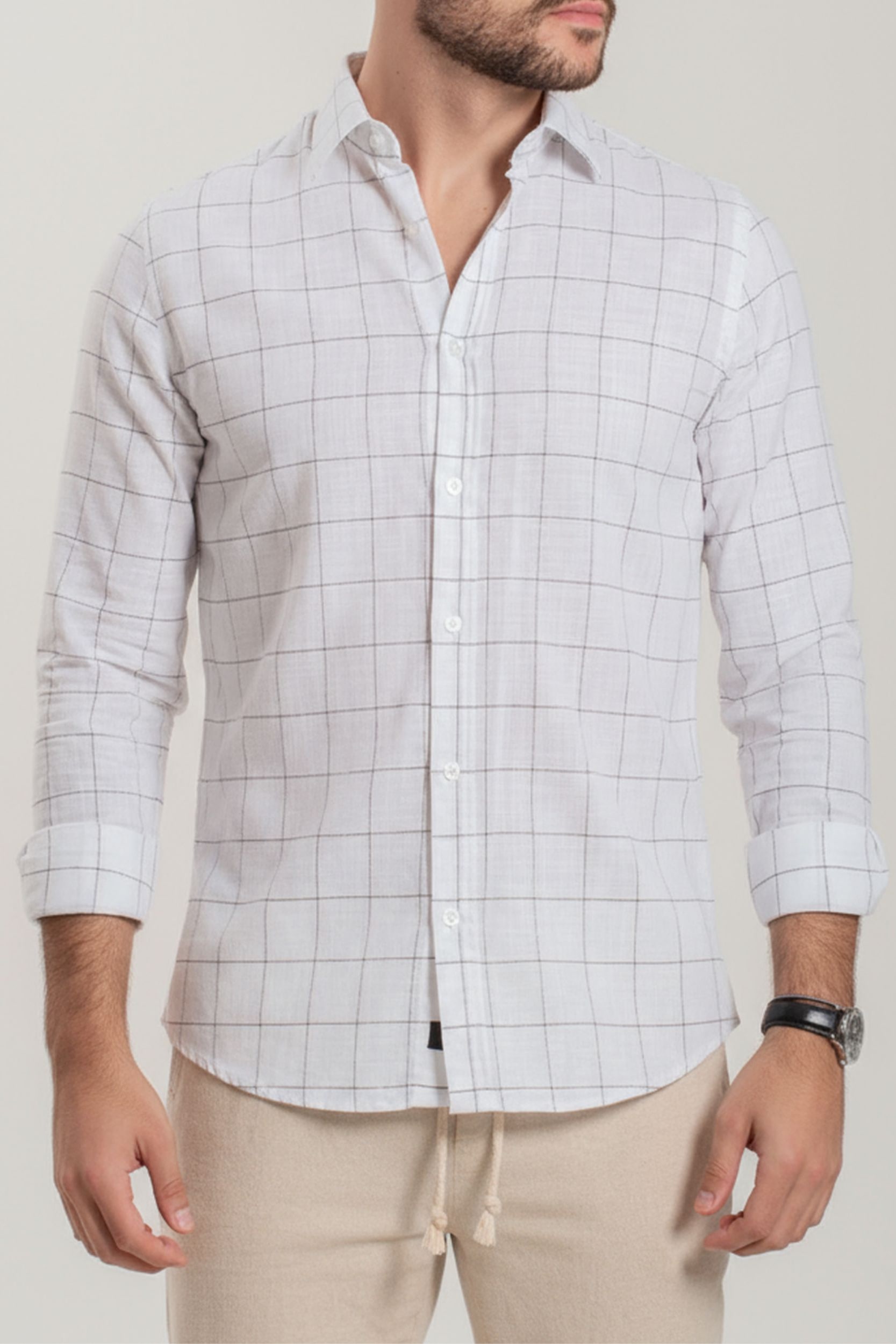 Camisa Listra Branca Textura Linho Manga Longa