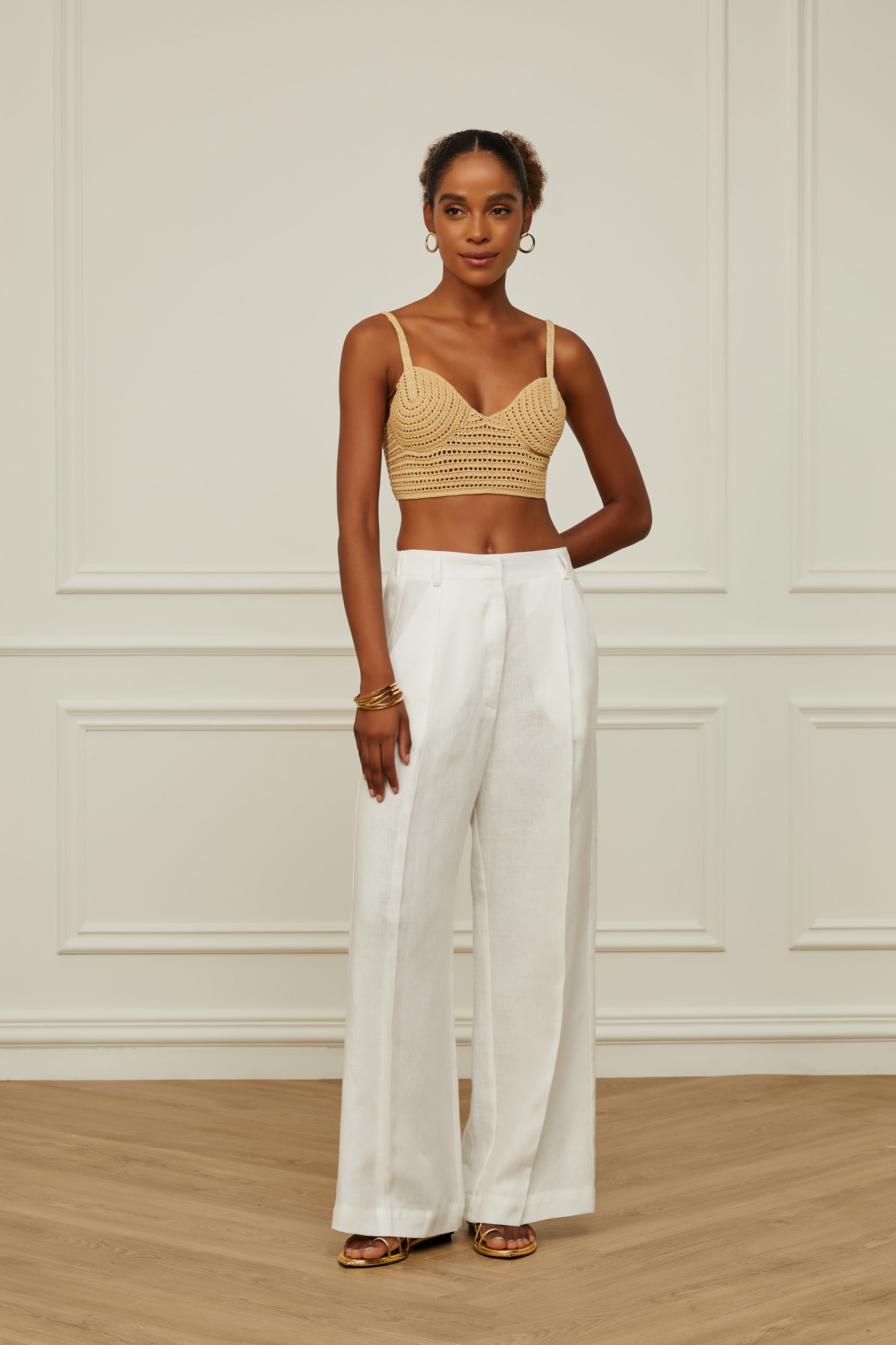 Calça de Linho Detalhe Pregas Off-White