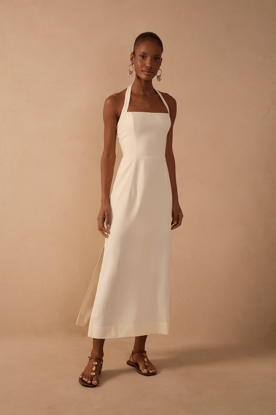 Vestido Midi Linho Amarração Pescoço